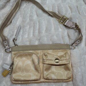 Coach Signature Jacquard Heritage Belt Bag - Multi-Zip Sling - Khaki/Yellow